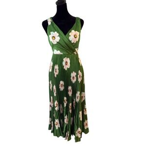 Mes Amies Green Floral‎ Print Pleated Midi Dress Women Size 8 Garden Party Satin